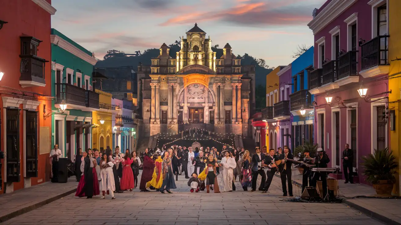 Crowds gathering near a historic theater during an evening arts festival in Guanajuato