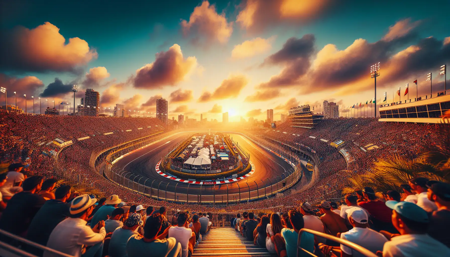 Crowded Mexico City motorsport weekend scene near a major race circuit at sunset