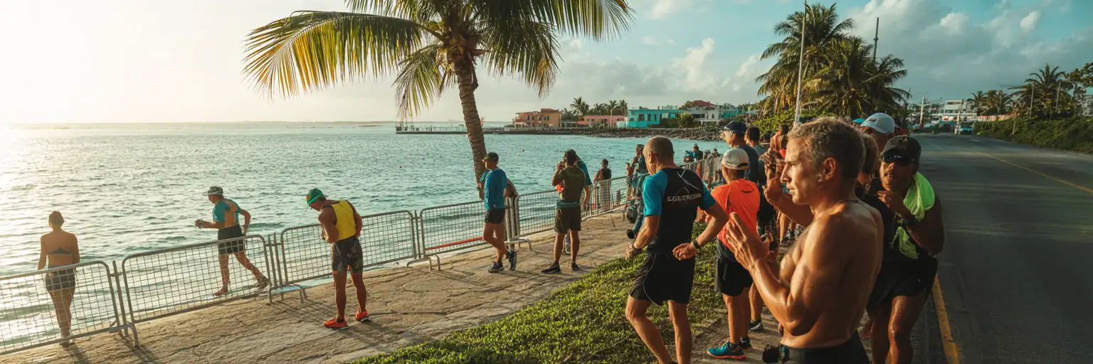 Triathleten und Betreuer versammeln sich bei Sonnenaufgang entlang der Uferpromenade von Cozumel während der Rennwoche