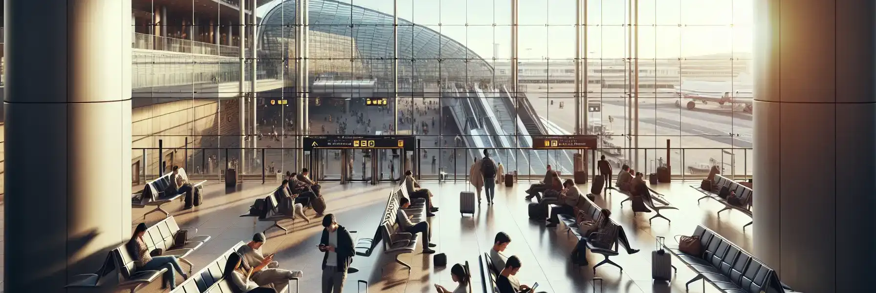 Travelers using phones inside Mexico City International Airport arrival area