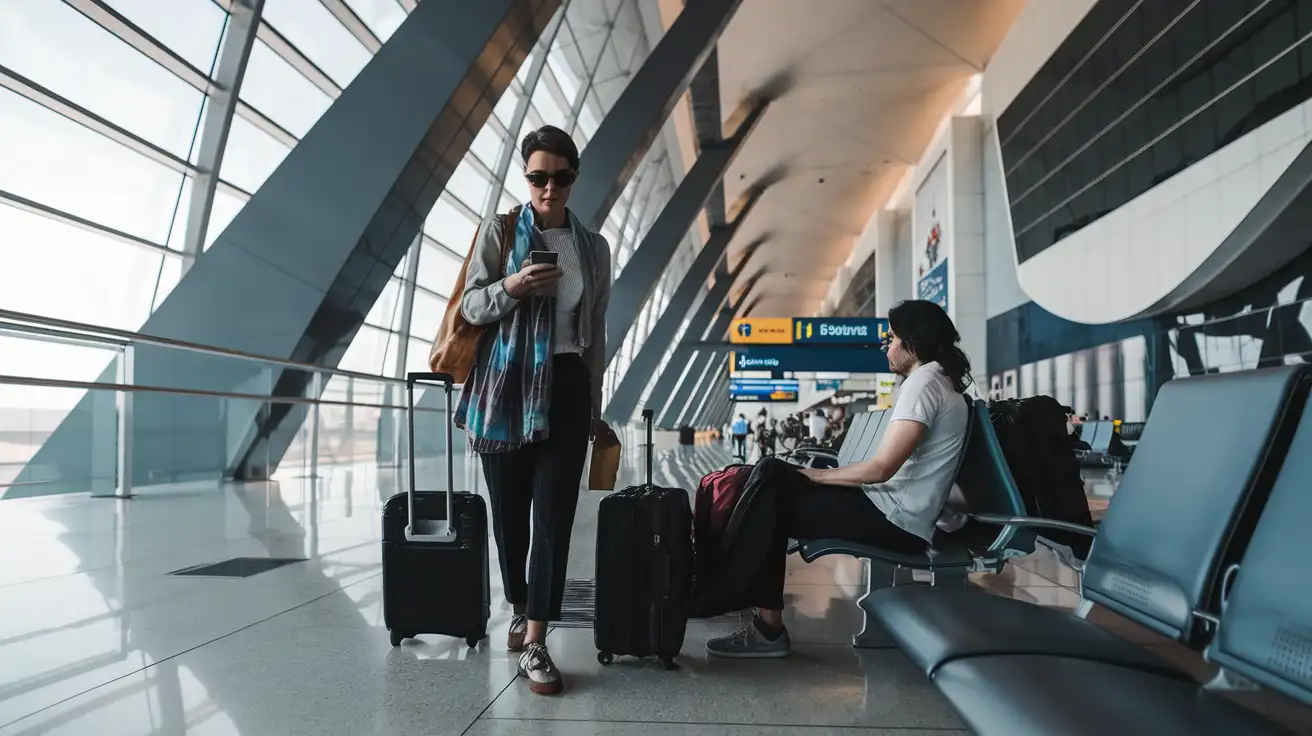 Traveler checking phone after arrival at Mexico City International Airport
