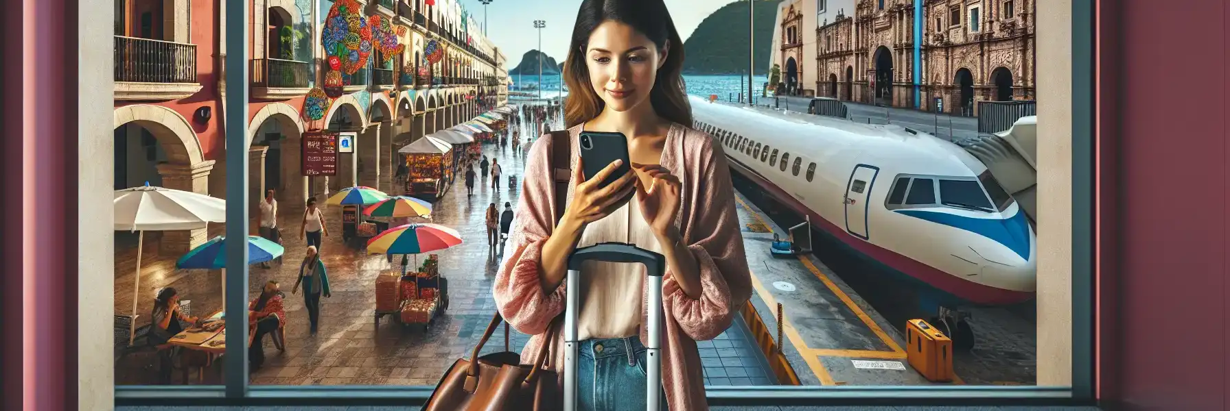 Traveler checking phone connection during a Mexico trip across airport, market, ferry, and hotel settings