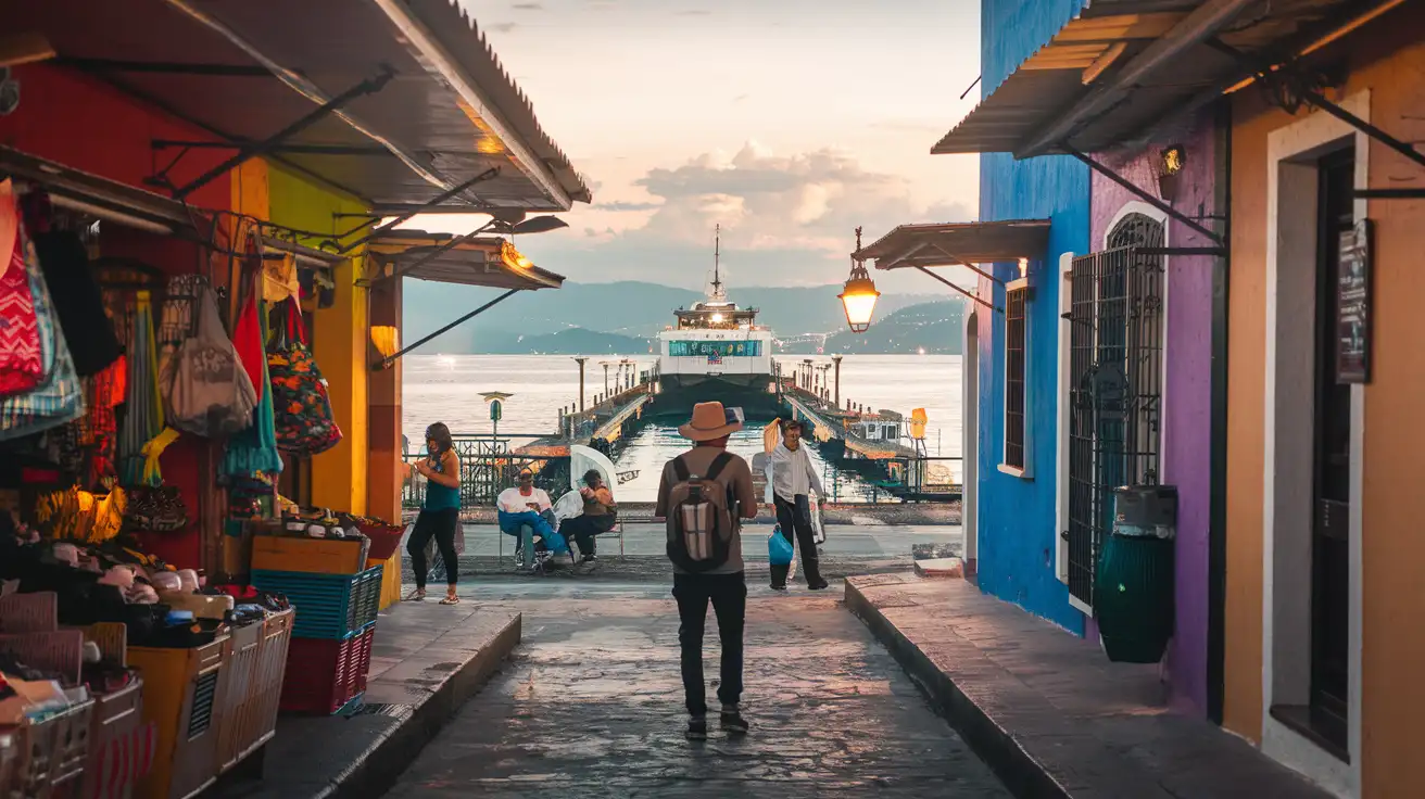Traveler using mobile data in a busy Mexico travel setting near a market and ferry area