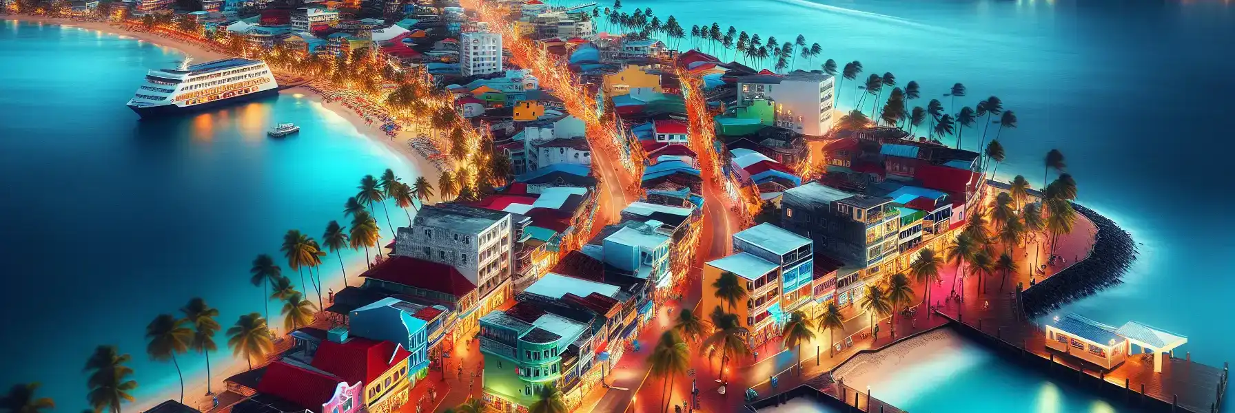 Evening view of Playa del Carmen with beach, palm trees, and lively pedestrian streets