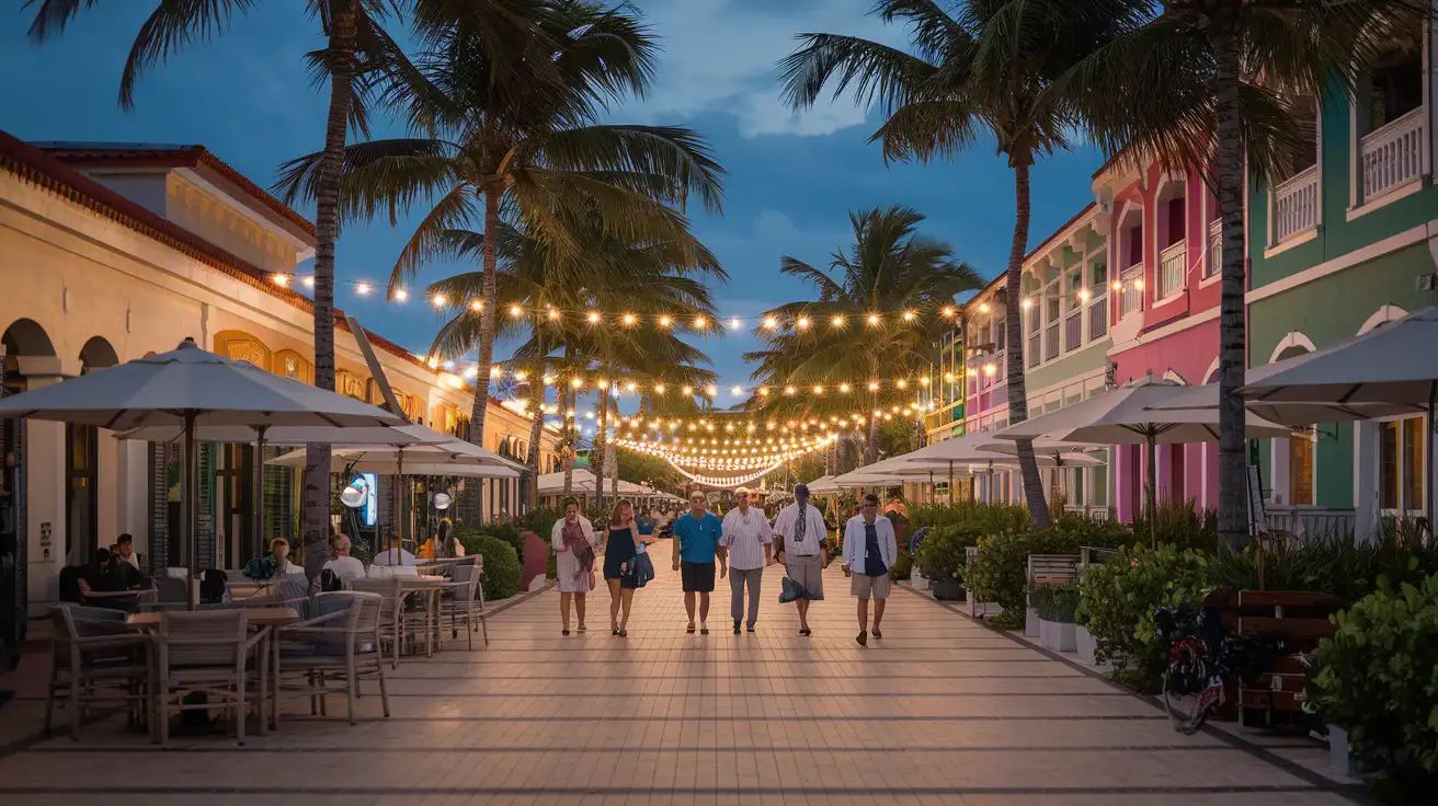 Lively evening street scene in central Playa del Carmen