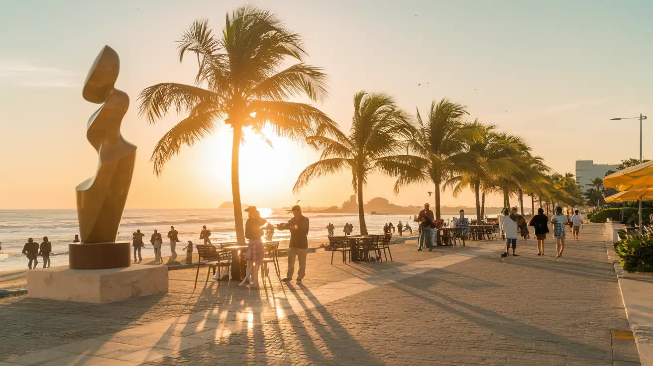 Travelers using phones near Puerto Vallarta's waterfront promenade at sunset