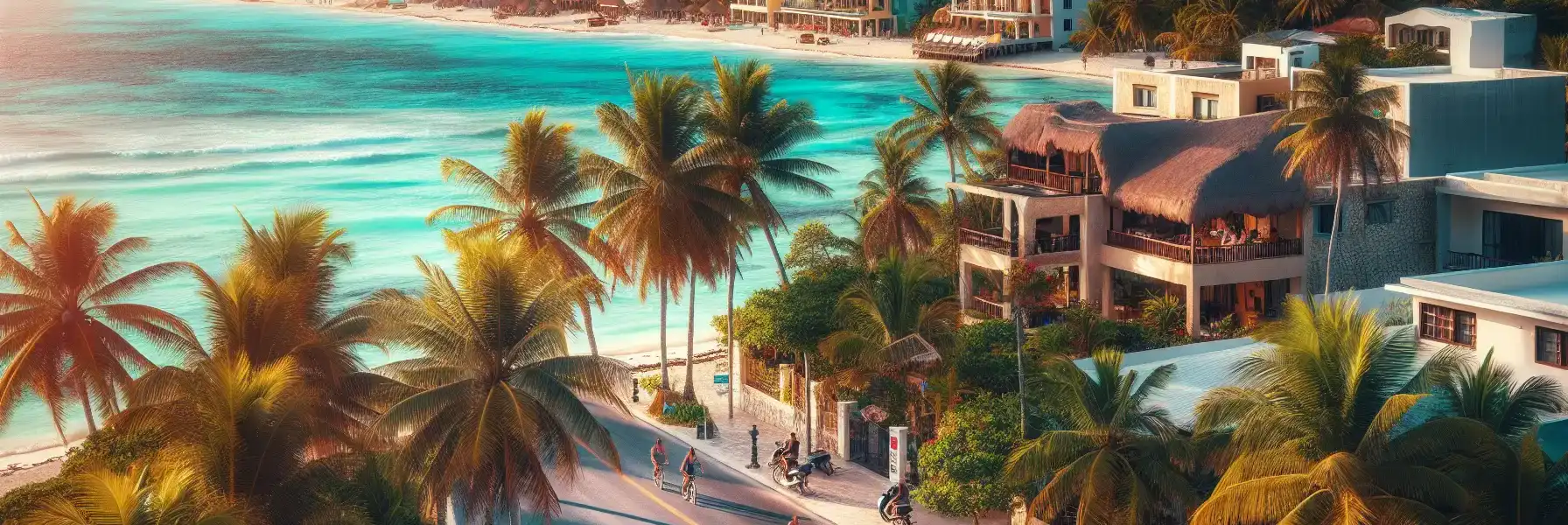Beach road and turquoise shoreline in Tulum with tropical greenery and boutique hotels