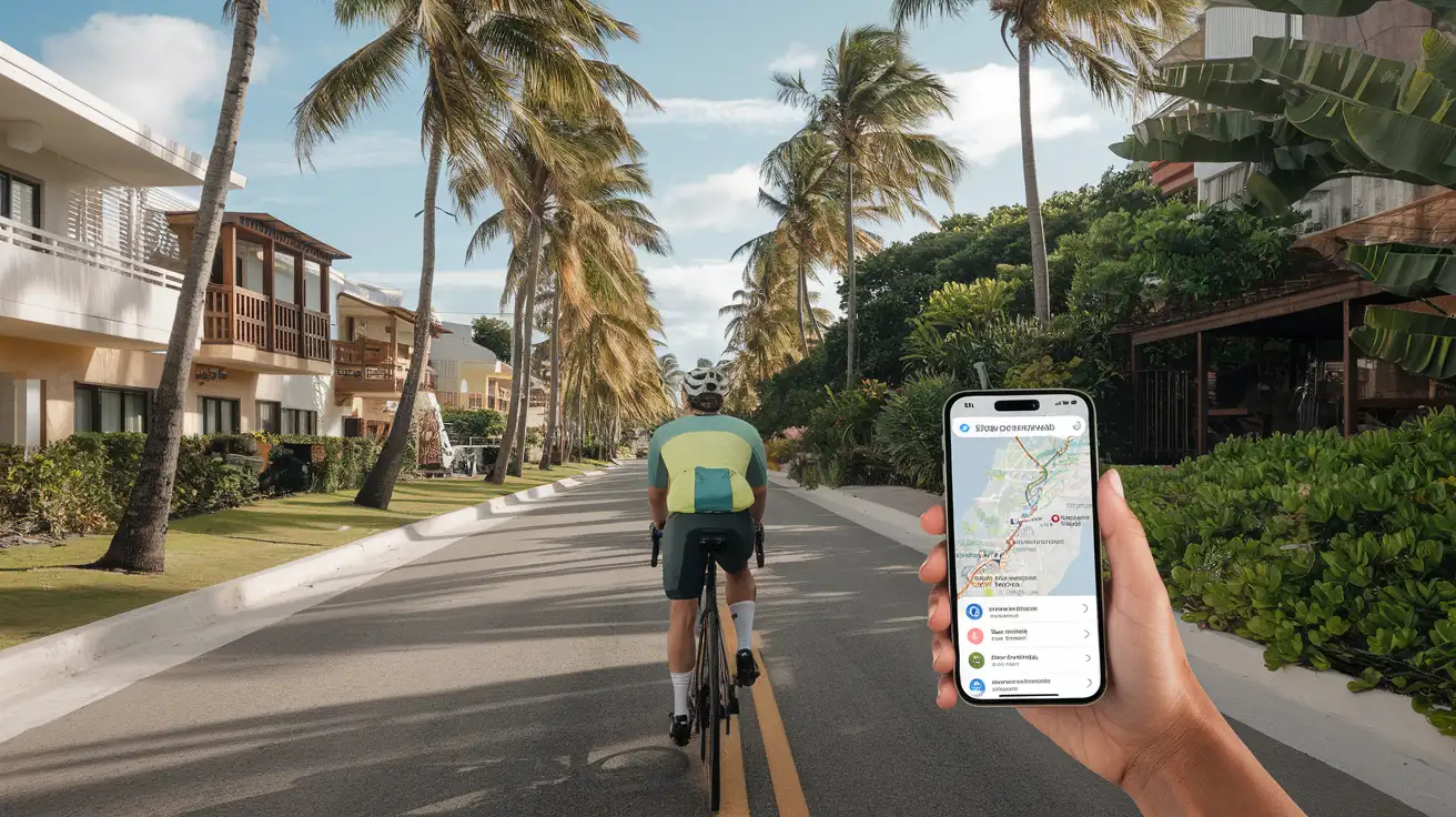 Traveler checking directions on a palm-lined road in Tulum