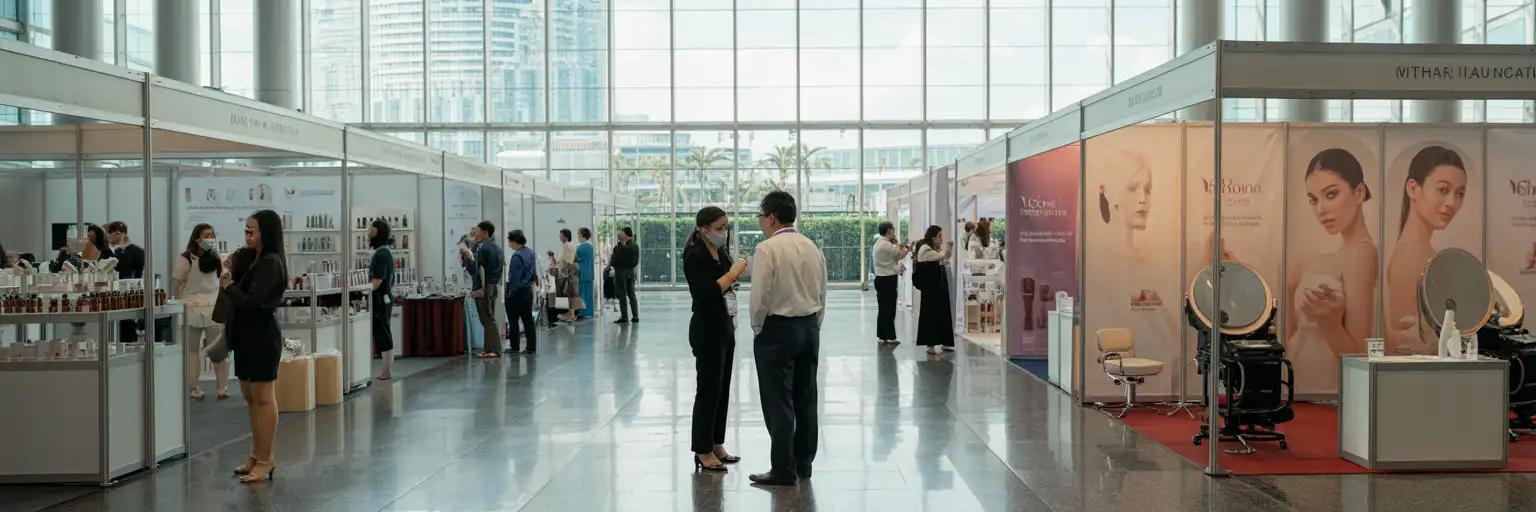 Professionelle Schönheitsmesse in Kuala Lumpur mit Ausstellern, Käufern und Produktpräsentationen