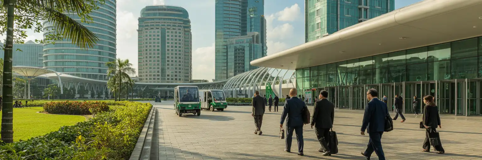 Delegaci przybywający do dzielnicy konferencyjnej w Kuala Lumpur na dużą wystawę technologii ekologicznych