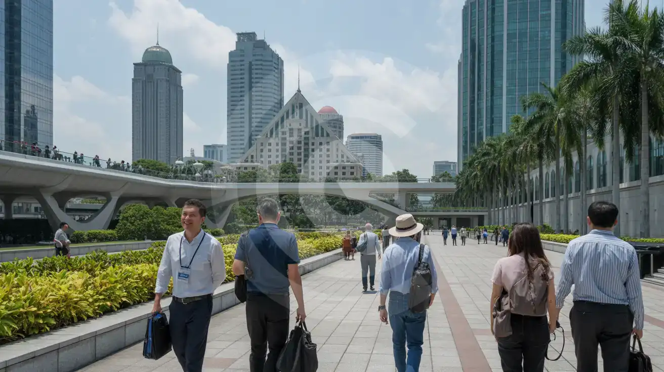 Podróżujący służbowo opuszczają dzielnicę konferencyjną w centrum Kuala Lumpur po dniu targowym