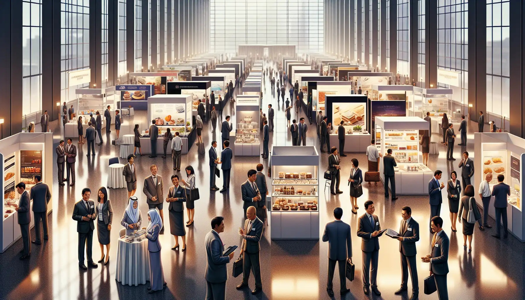 International trade fair attendees networking inside a modern Kuala Lumpur exhibition hall