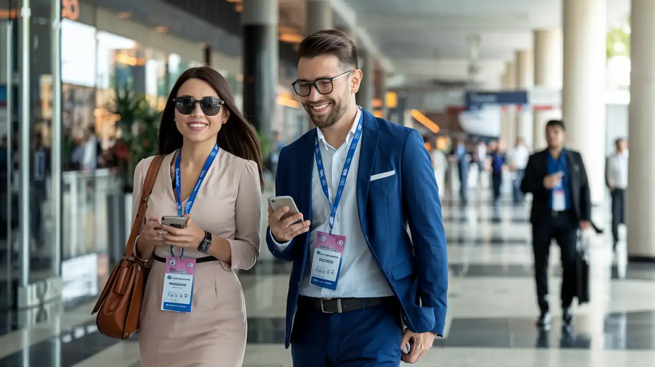 Business travelers moving between a Kuala Lumpur trade fair venue and city transport