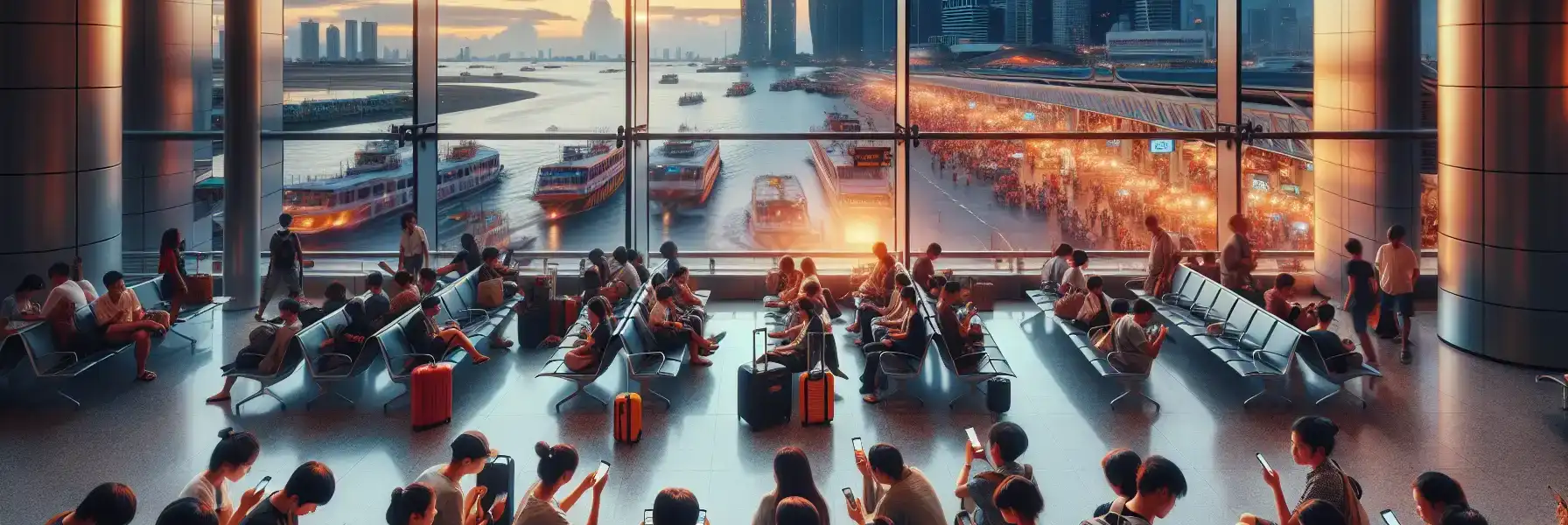 Traveler using a phone while moving between a Malaysian airport, city street market, and ferry terminal