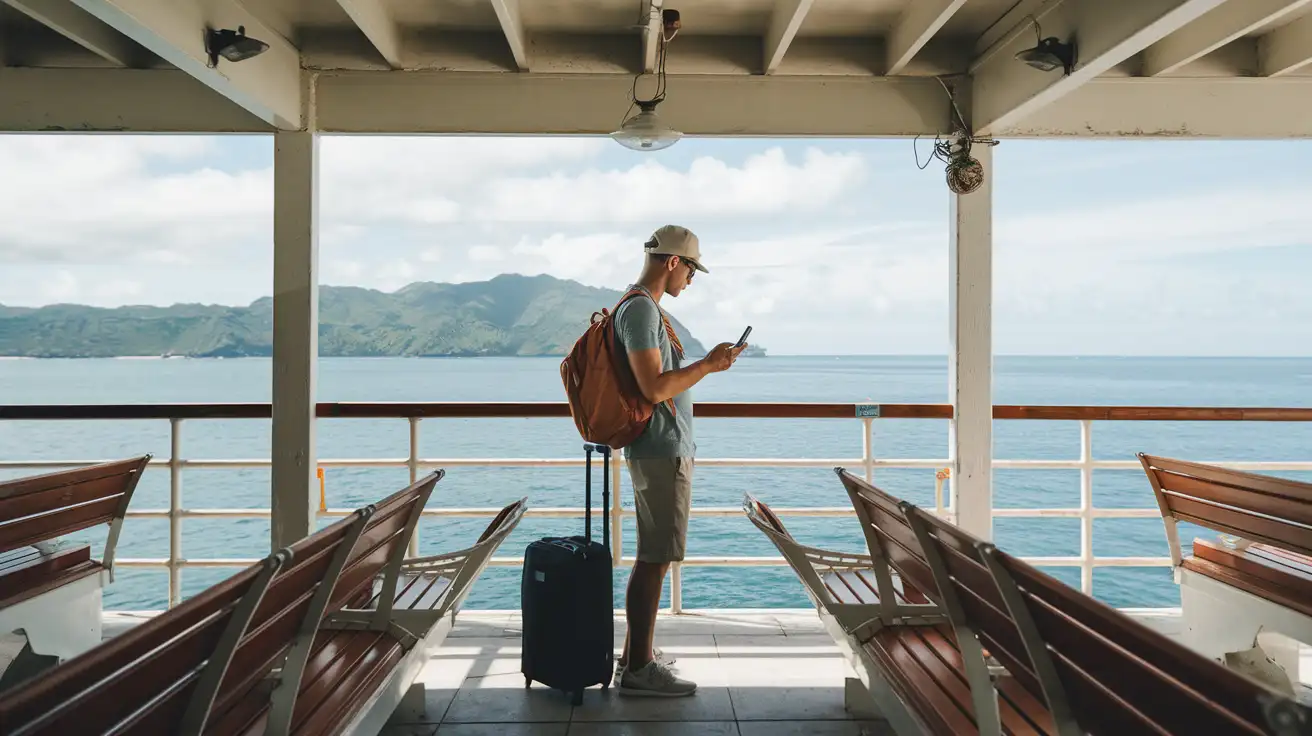 Traveler checking phone signal at a Malaysian ferry terminal before an island transfer