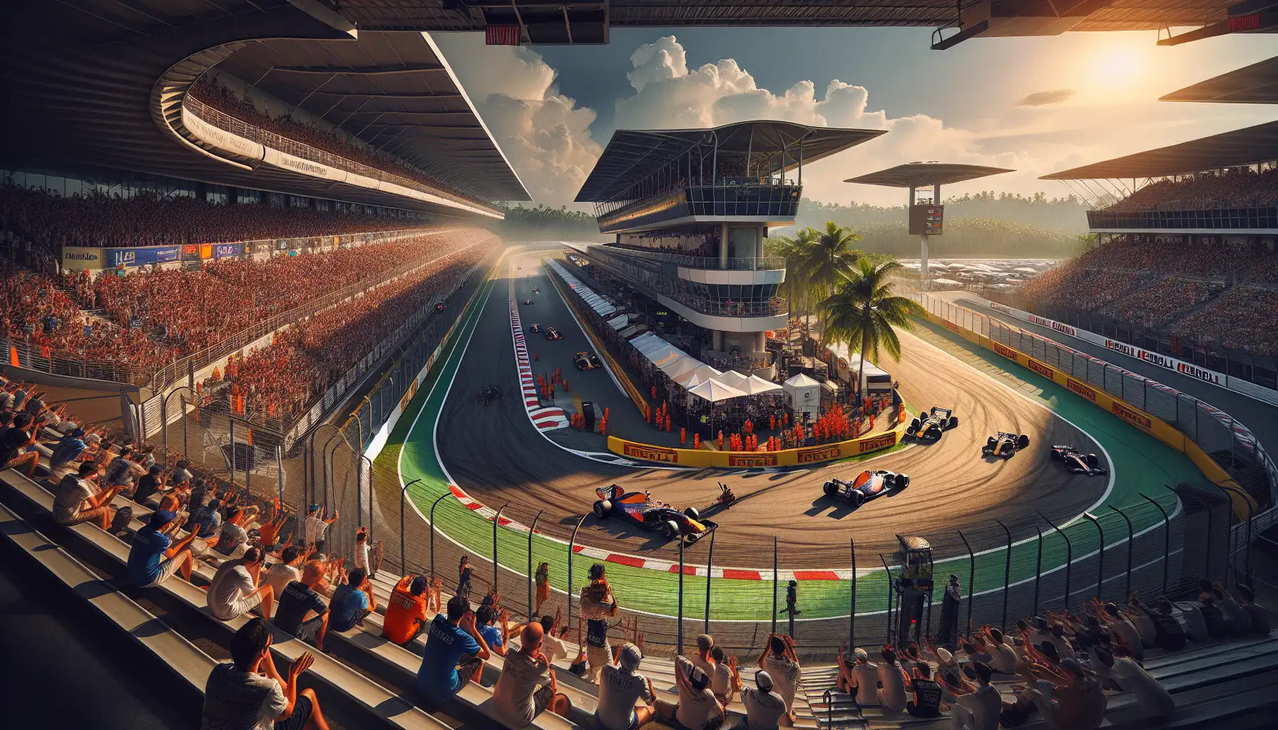 Fans arriving for a major motorcycle race weekend at Sepang with grandstands and tropical light