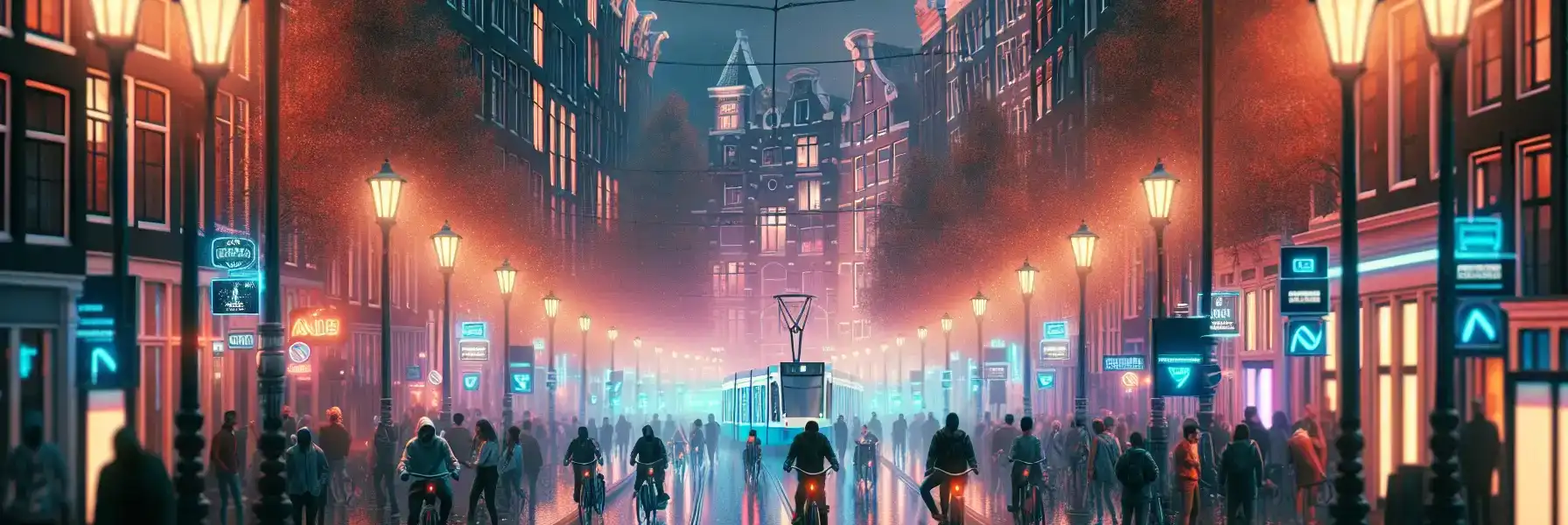Festival-goers moving through Amsterdam at night during a citywide electronic music event