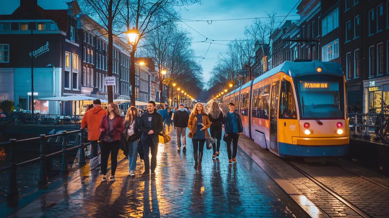 Crowds moving between Amsterdam nightlife venues during a major electronic music event