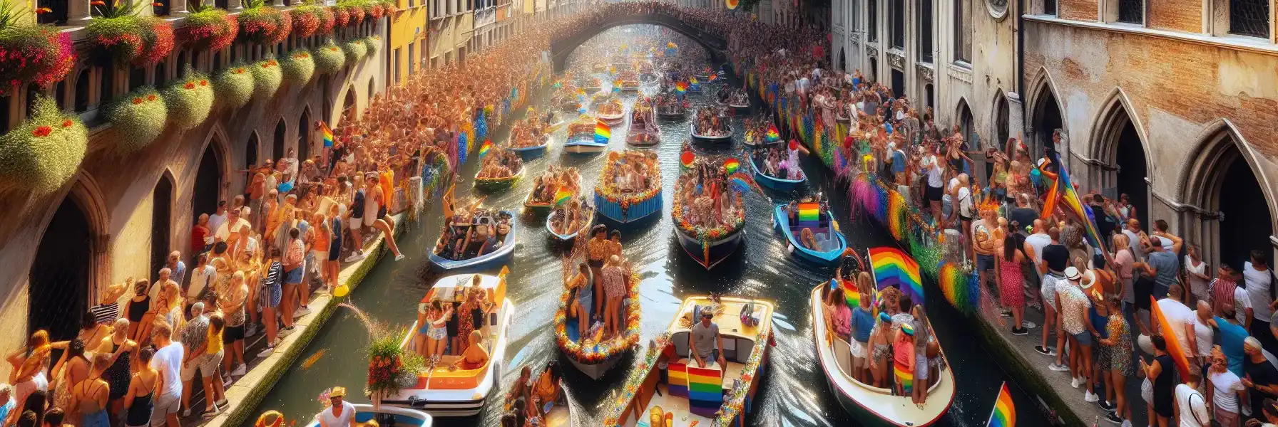 Crowds watching decorated boats during Canal Parade Amsterdam Pride in the city center