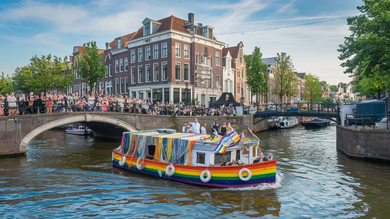 Decorated boats and cheering crowds during a summer canal pride parade in Amsterdam