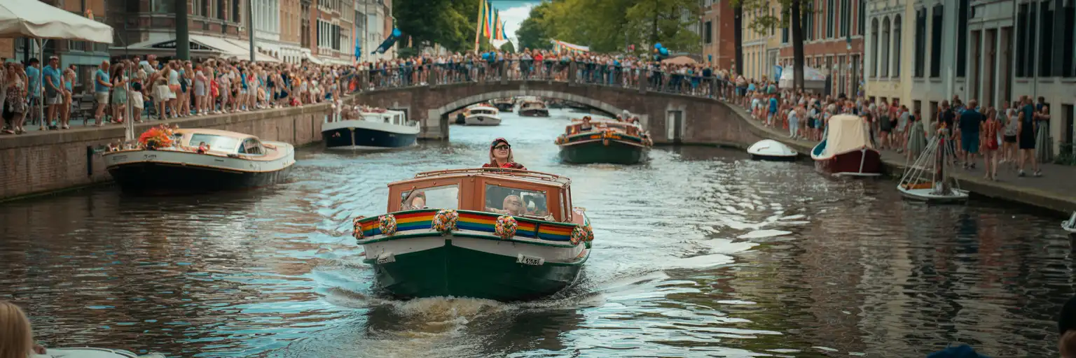 Foule regardant les bateaux décorés lors de la Canal Parade de l'Amsterdam Pride dans le centre-ville