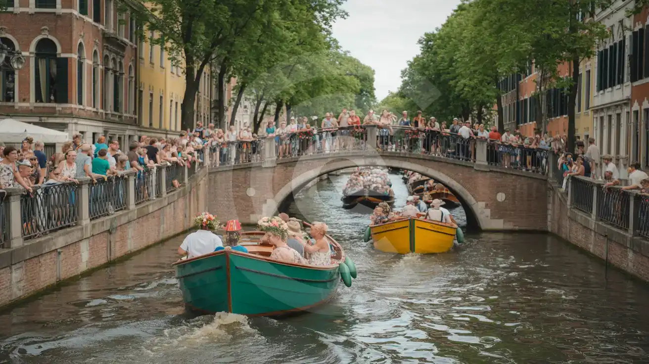 Ambiente festivo del desfile en el canal con barcos y multitudes en el centro de Ámsterdam