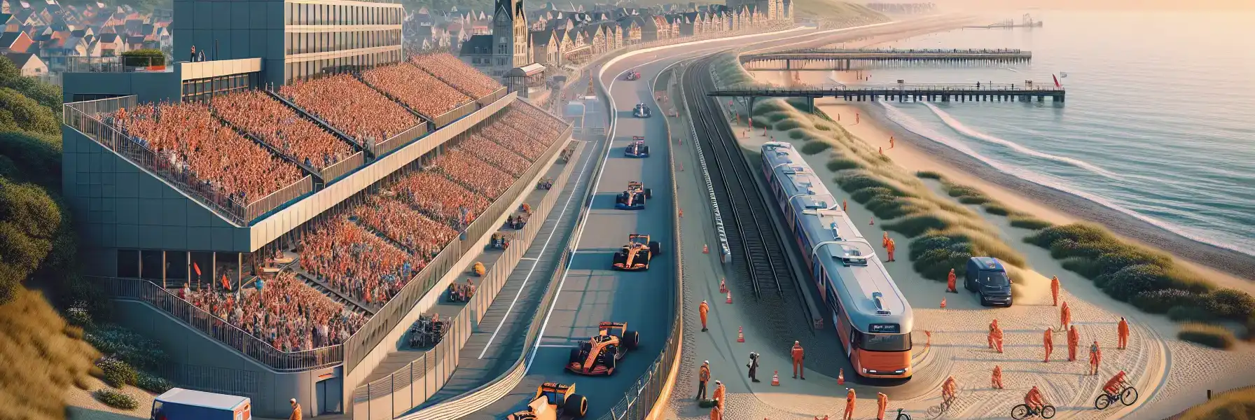 Crowds arriving for a major race weekend at a coastal circuit near dunes and the beach in Zandvoort