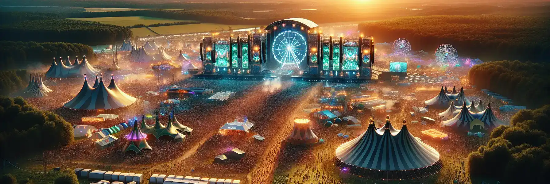 Crowds walking between colorful outdoor festival stages near Amsterdam at sunset