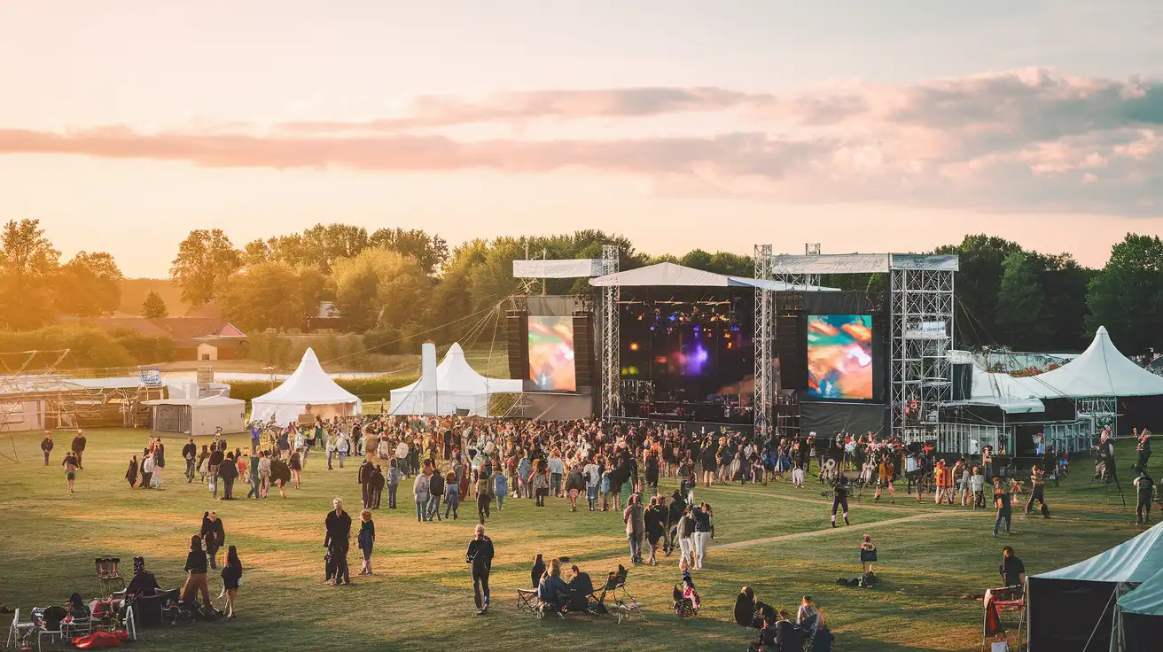 Festival-goers arriving at a large outdoor music event near Amsterdam in late summer