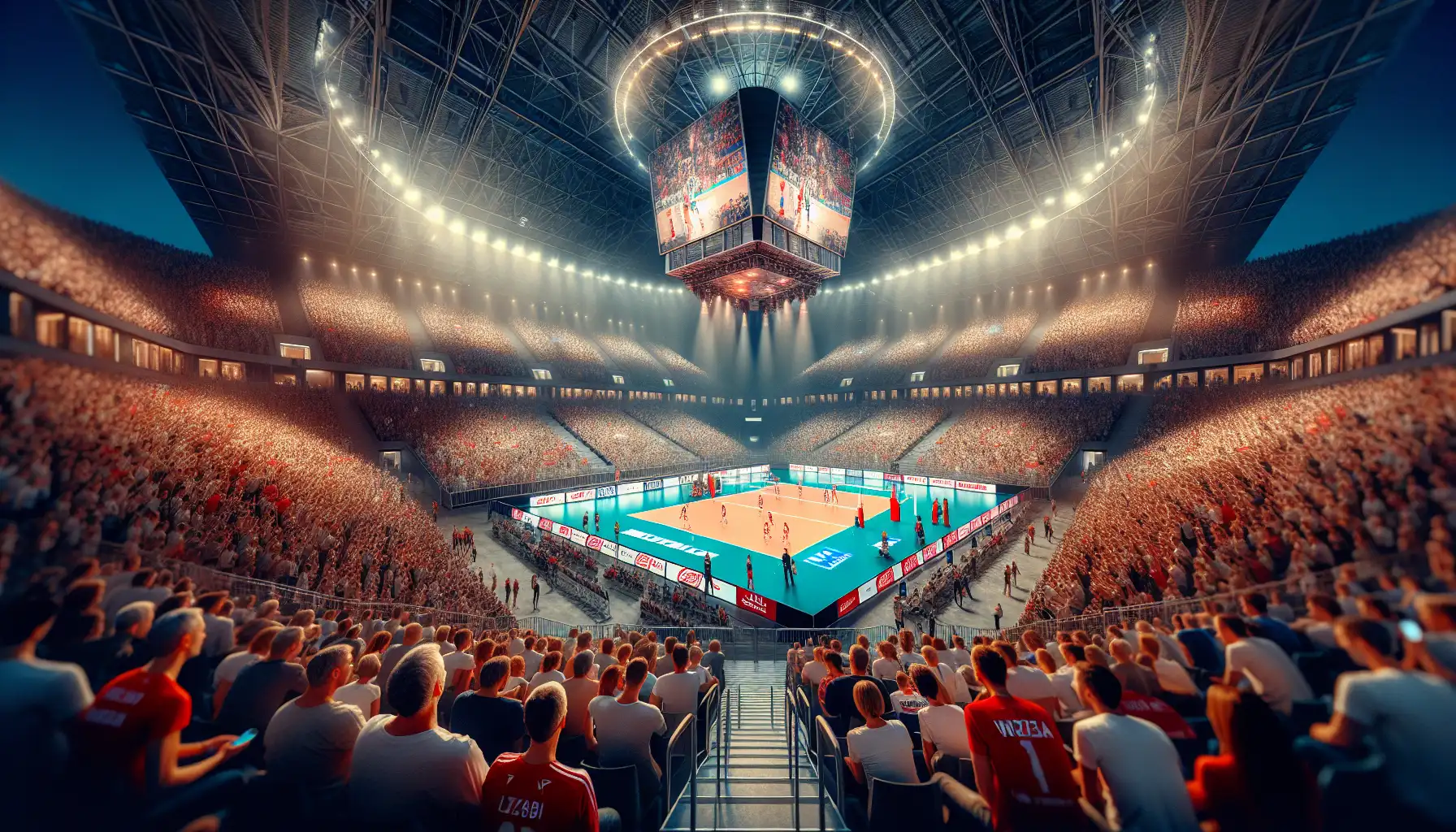 Crowded volleyball final-round atmosphere in Katowice with fans arriving at a major indoor arena