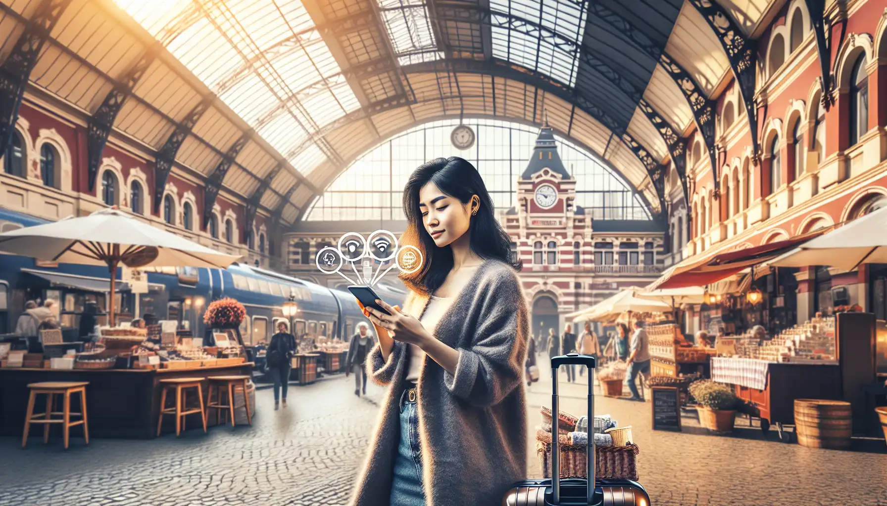 Traveler checking internet access in a Polish train station before heading into the old town