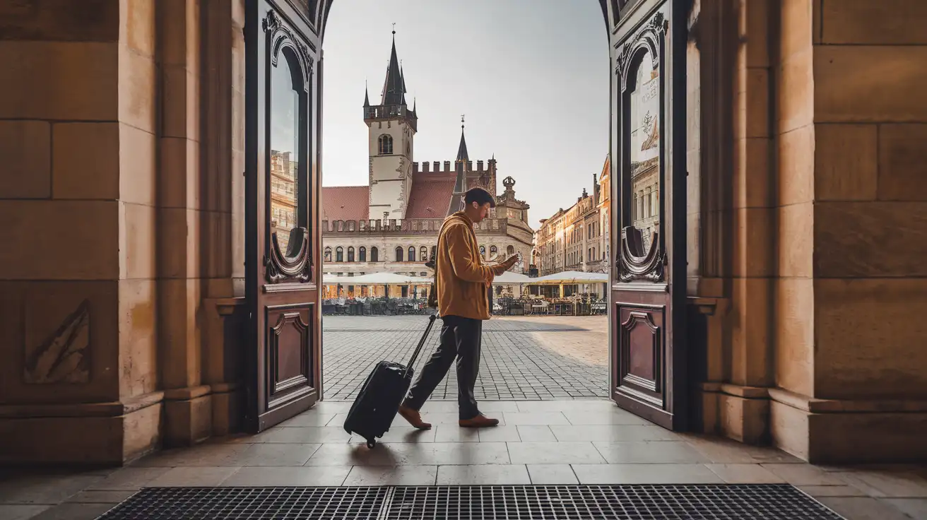 Traveler using mobile data after a station arrival in Poland