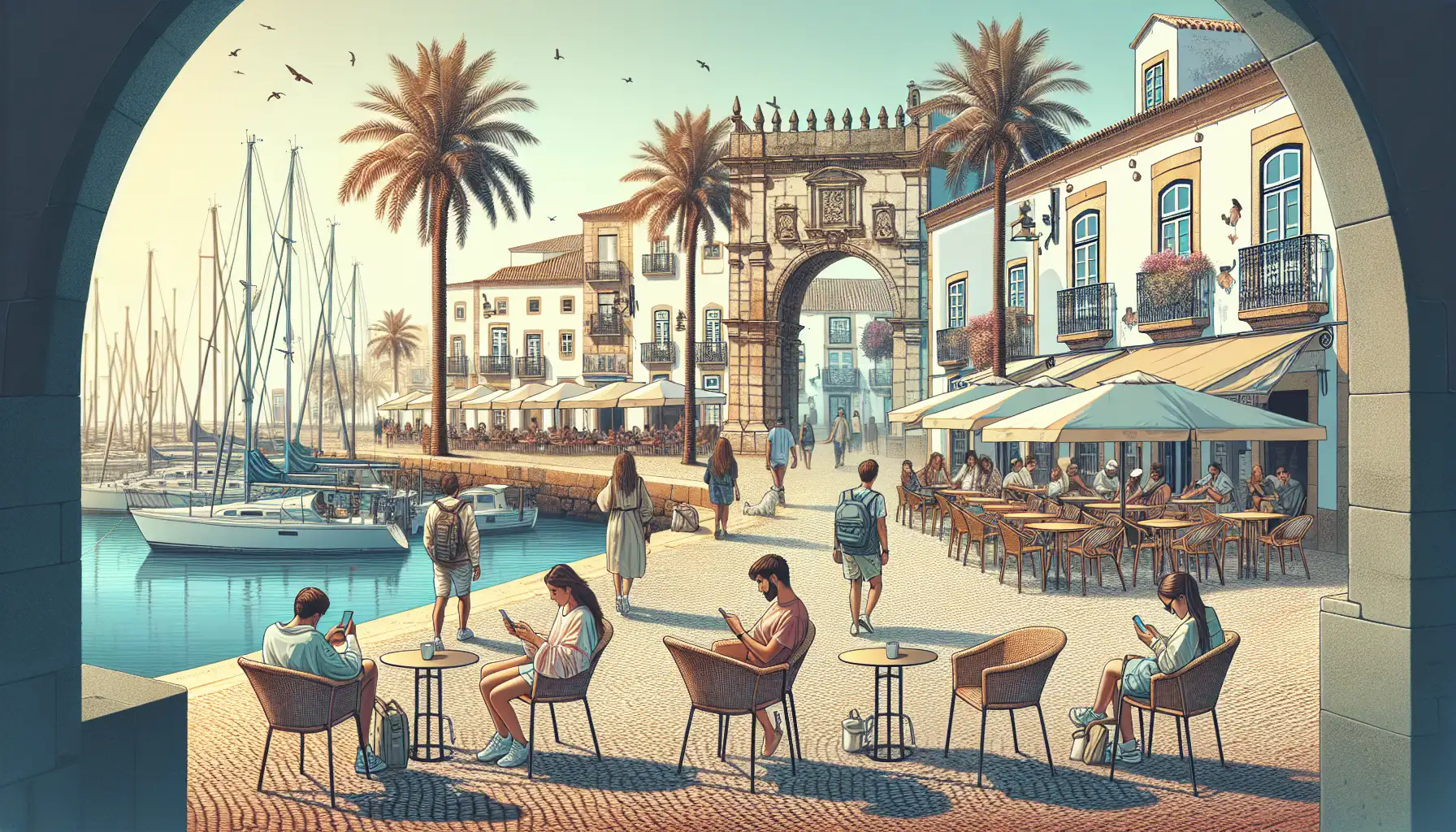 Travelers near Faro waterfront using phones with the old town and marina in the background