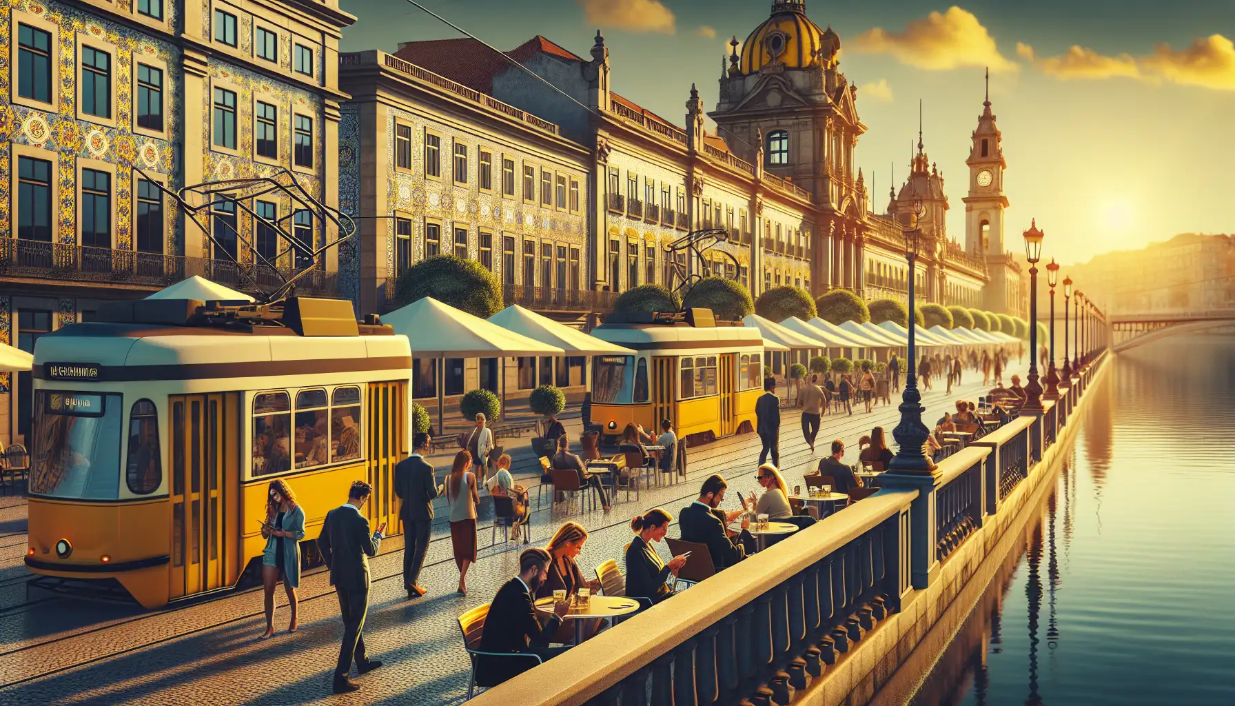 Travelers using phones near Lisbon's riverside center with trams and tiled buildings in view