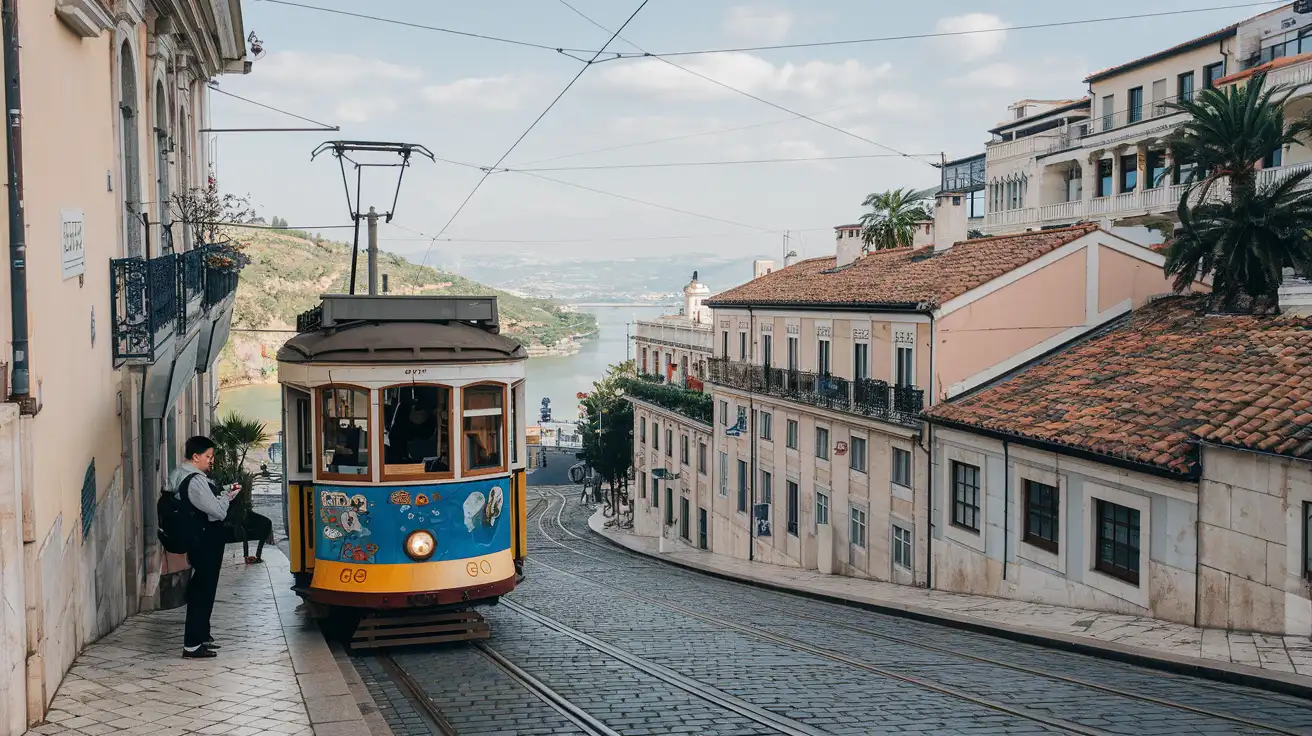 Traveler checking directions on a Lisbon street between tram and walking routes