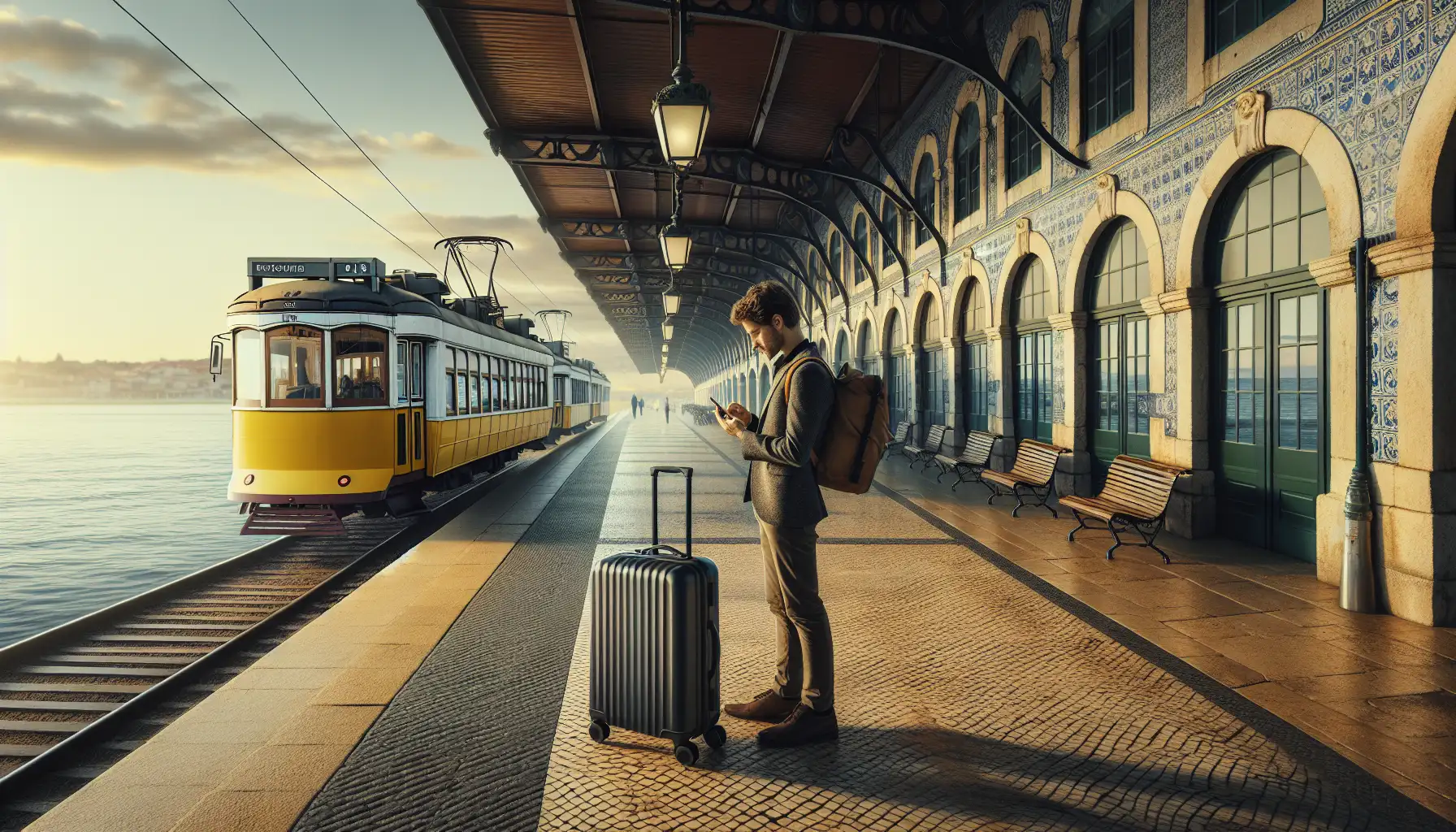 Traveler using a phone for internet access near a Portuguese transport hub and waterfront