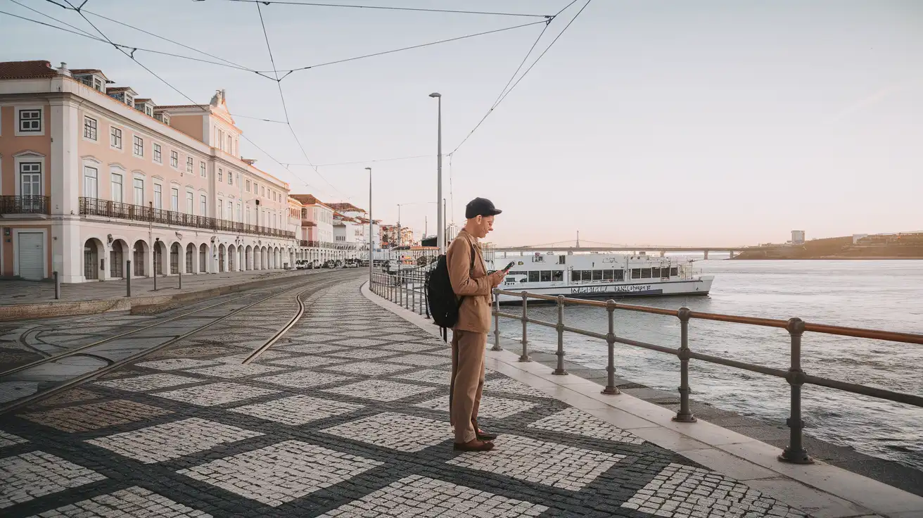 Traveler checking phone connection near a ferry terminal in Portugal
