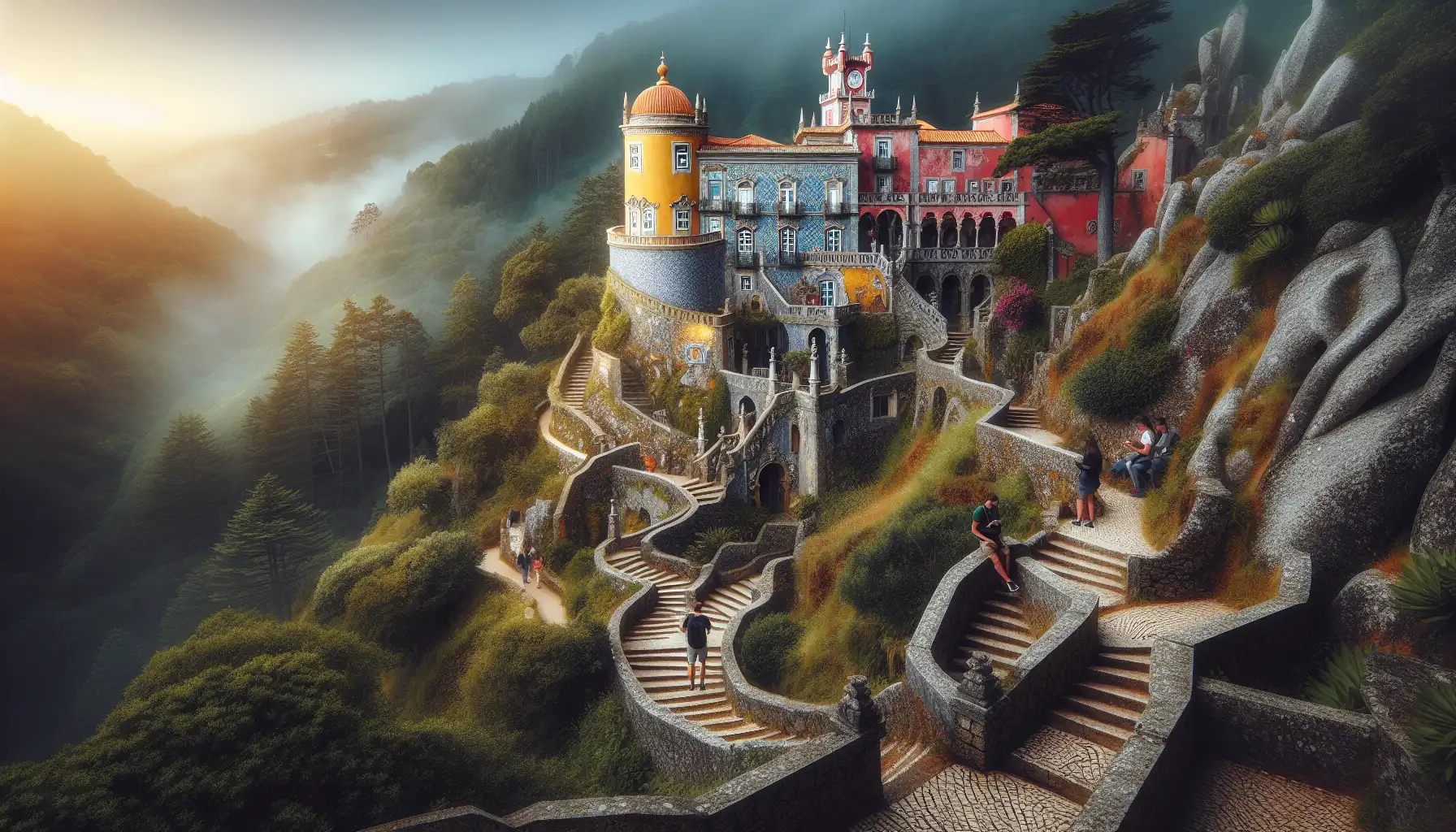 View over Sintra hills with palace architecture and travelers using phones on a scenic path
