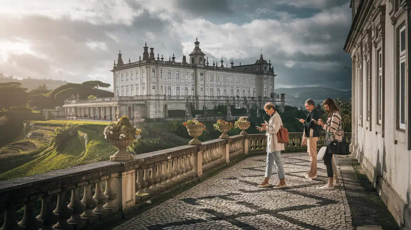 Travelers checking directions in Sintra near a scenic terrace with palace views