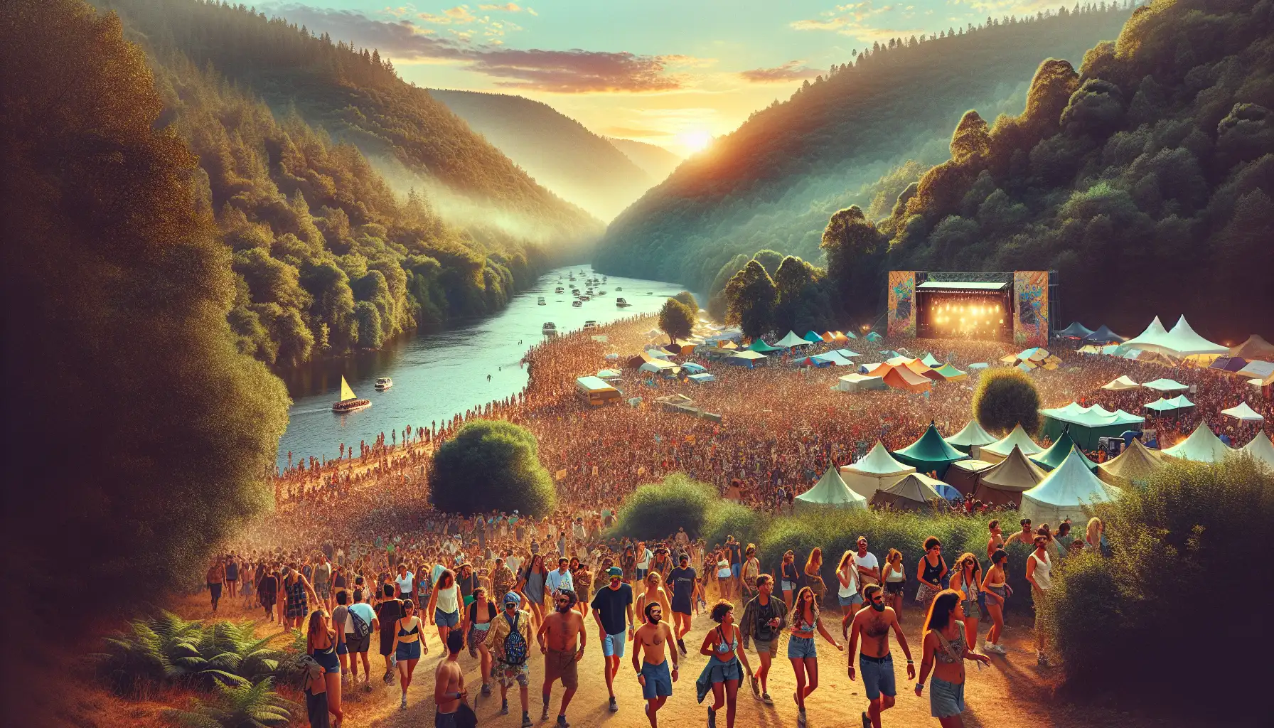 Summer festival crowd by a river in Paredes de Coura with camping and green hills