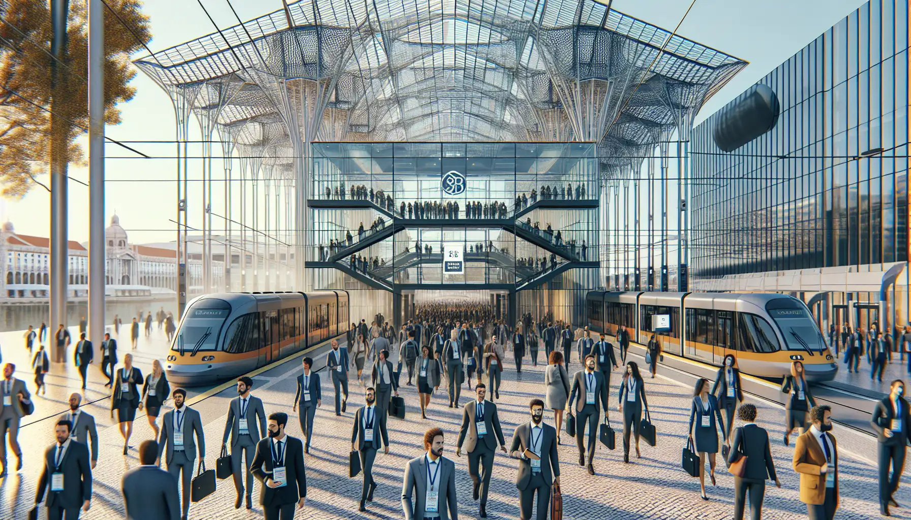 Attendees arriving at a major tech summit in Lisbon's modern riverside district