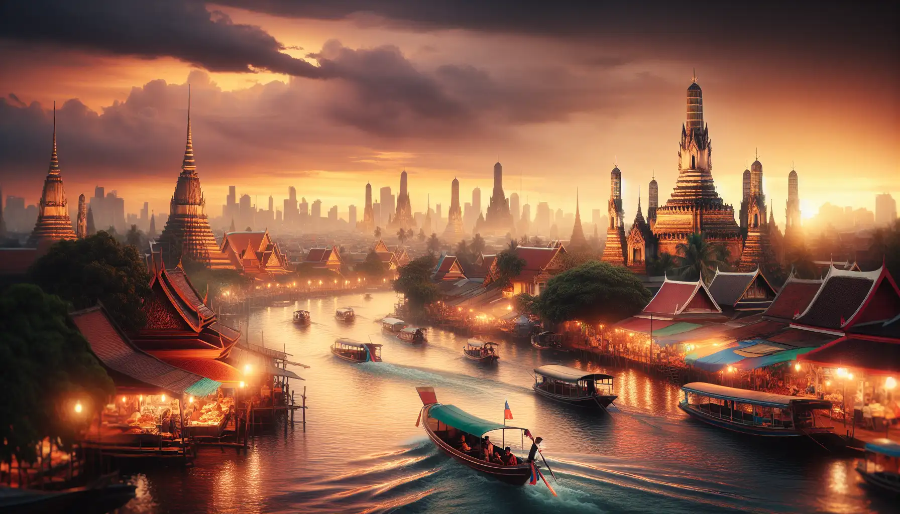 Bangkok river view with temple spires, boats, and skyline at sunset