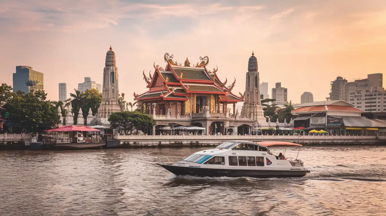 Temple across the river in Bangkok with ferry traffic