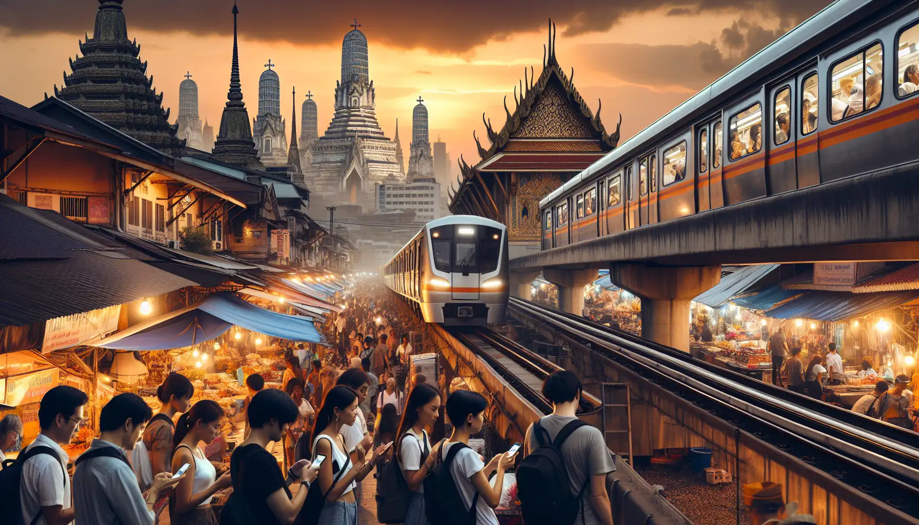 Travelers using phones in Bangkok with city transit, market energy, and riverside skyline in view