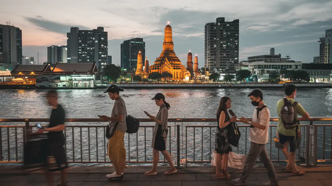 Travelers checking phones near a Bangkok river pier at dusk