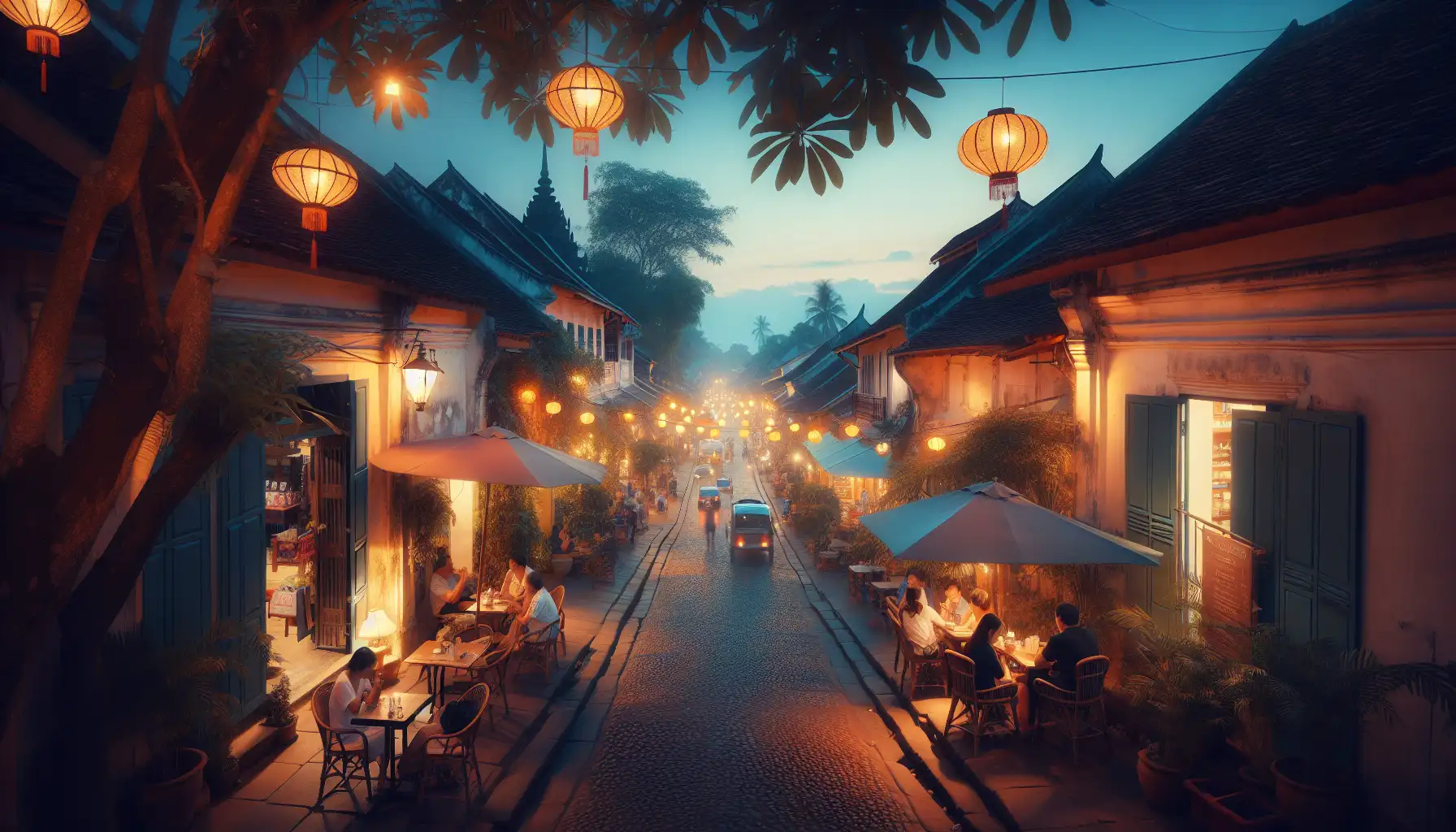 Traveler checking phone on a Chiang Mai street near cafés and market lights at dusk