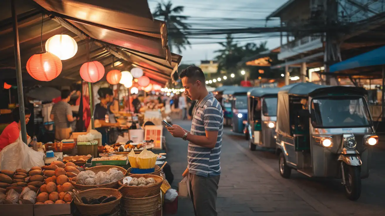 Evening market scene in Chiang Mai where mobile data helps with maps and rides
