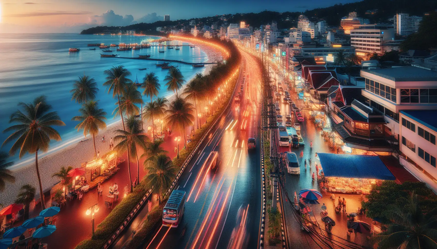 Evening view of Pattaya beachfront with travelers using phones near the promenade