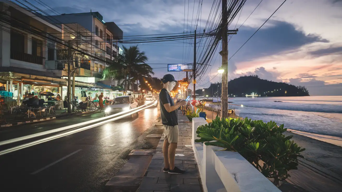 Traveler checking phone near Pattaya beachfront at dusk