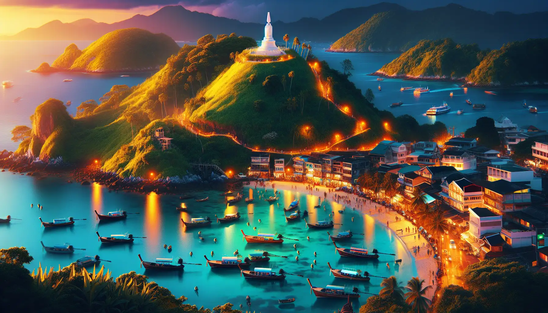View of Phuket with hilltop landmark, old town streets, and tropical coastline